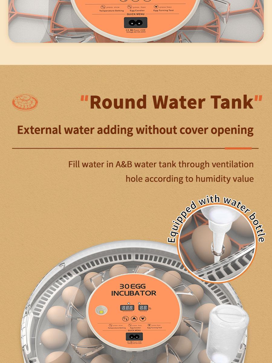 30 Egg Incubator with Automatic Turner, Digital Temperature and Humidity Display, and Built-in Egg Candler for Hatching Chickens, Quail, and Ducks
