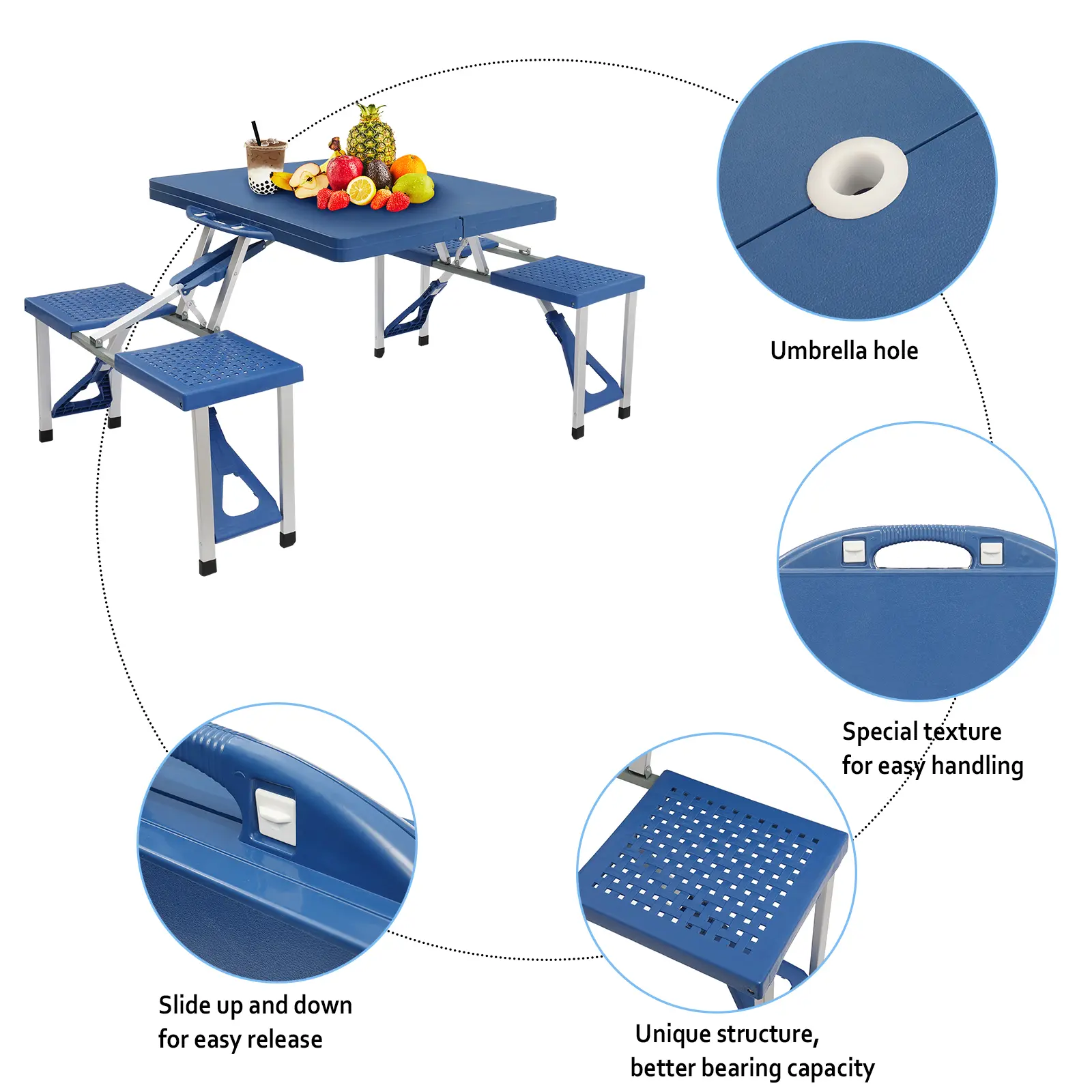 Mesa de picnic plegable portátil de 4 pies, mesa de camping, juego plegable con 4 asientos con orificio para sombrilla, mesa de tarjeta para maleta, soporte de 220 libras, marco de aluminio.