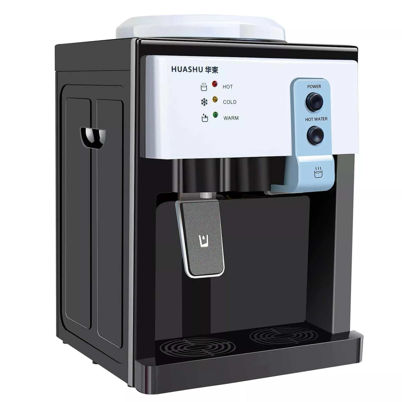 Dispensador eléctrico de agua fría y caliente, modelo de carga superior para sobremesa, con control automático de temperatura, ideal para escritorios de oficina, mesitas de noche o mesas auxiliares.