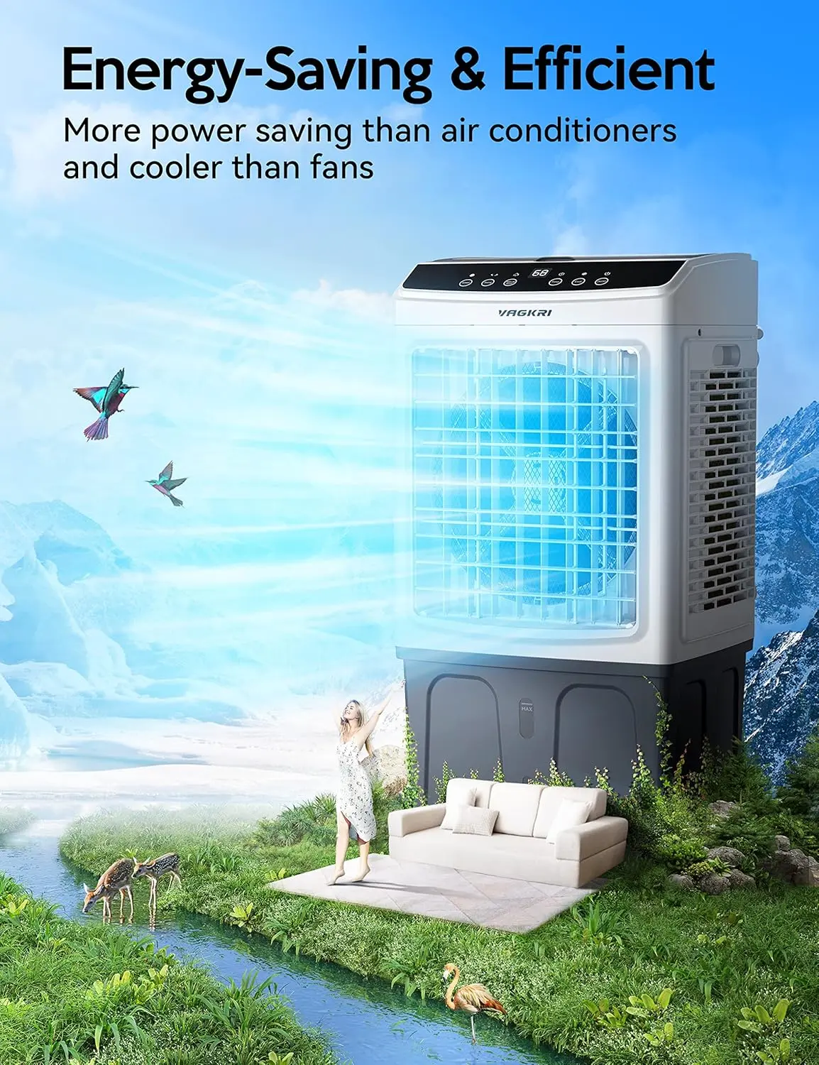 Enfriador de aire evaporativo (Swamp Cooler), 2800-3100 CFM, con oscilación de 120°, control remoto, temporizador de 24 horas y 3 modos/velocidades de viento; ideal para uso en interiores y exteriores, capacidad de 9.2 galones.
