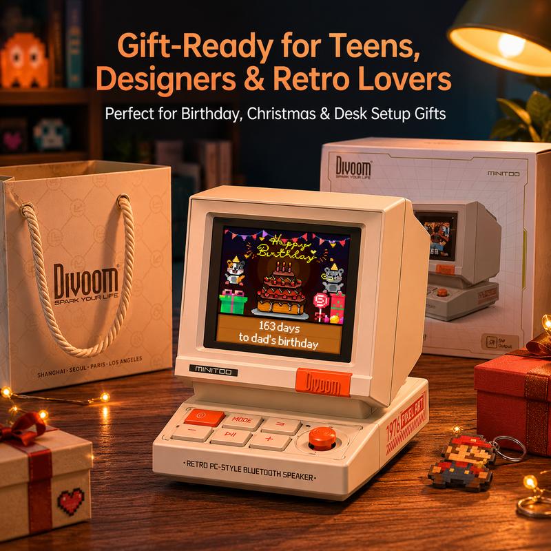 Altavoz Bluetooth Retro Pixel – Diseño inspirado en los años 90, control por aplicación, alarma, ruido blanco, altavoz portátil de escritorio retro para música, decoración de sala de juegos.