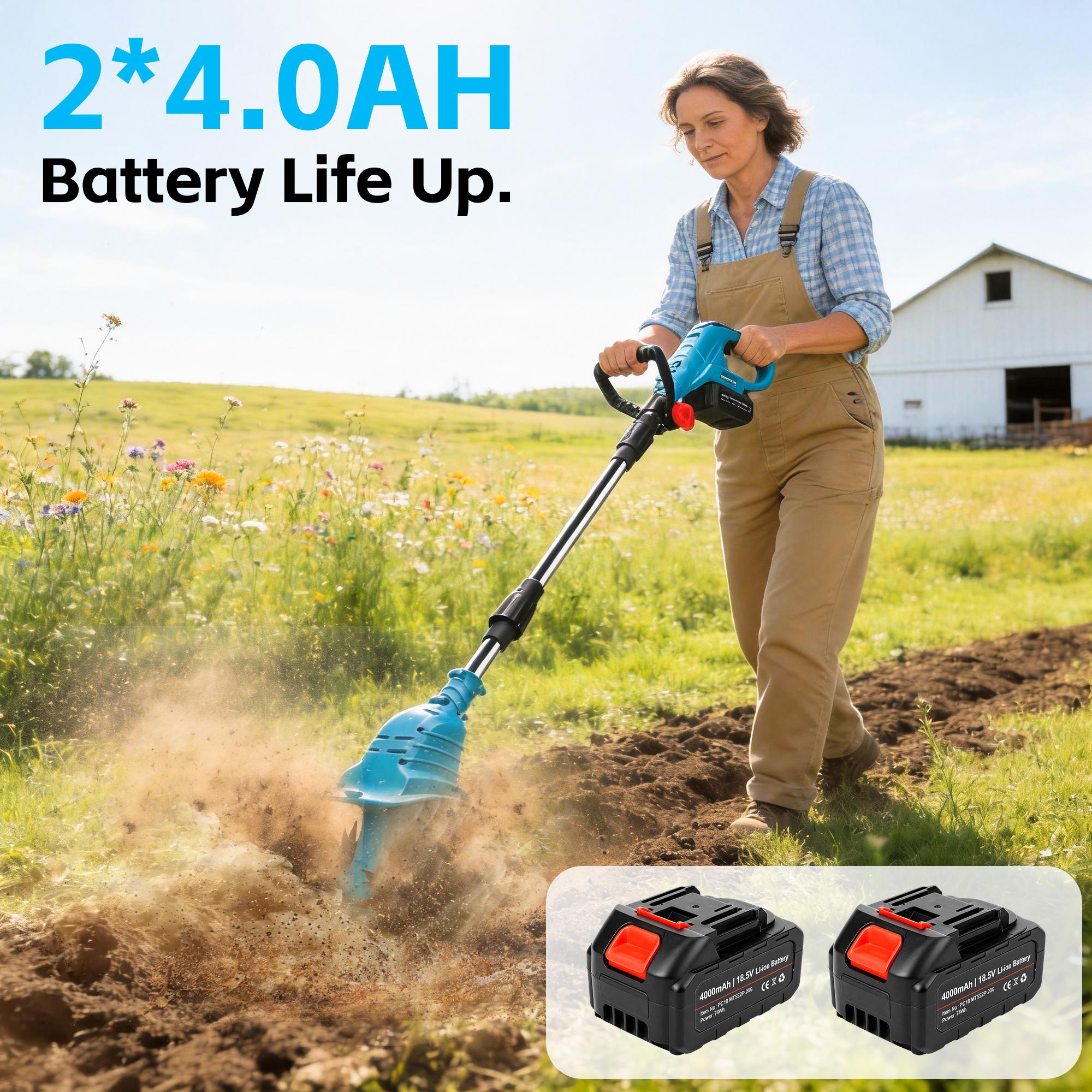 Kaitnax 18.5V Cordless Tiller Cultivator, 360RPM Electric Garden Tiller, with 2 * 4.0Ah Batteries & Charger, 9In Tilling Width and 6.6In Depth Garden Rototiller for Lawn/Gardening/Soil Cultivation Tool Handle Kaitnax 18.5V Cordless Tiller Cultivator, 360RPM Electric Garden Tiller, with 2 * 4.0Ah Batteries & Charger, 9In Tilling Width and 6.6In Depth Garden Rototiller for Lawn/Gardening/Soil Cultivation Tool Handle