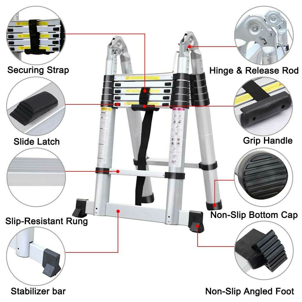 Telescoping Ladder Aluminum A-frame Extension Ladder, Folding Ladder with Stabilizer Bar and Anti-Slip Feet, 330lbs Max Load Capacity, for Home, Office ( 6.2+6.2FT / 8.2+8.2FT ) Telescoping Ladder Aluminum A-frame Extension Ladder, Folding Ladder with Stabilizer Bar and Anti-Slip Feet, 330lbs Max Load Capacity, for Home, Office ( 6.2+6.2FT / 8.2+8.2FT )