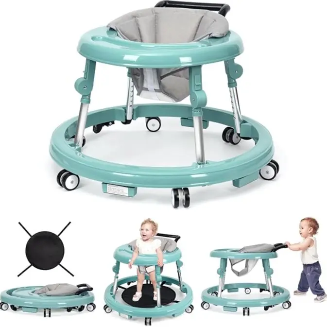 Andador para bebés plegable con 9 alturas ajustables (6-12 meses); con ruedas, portátil y antivuelco; diseño rodante y portátil.