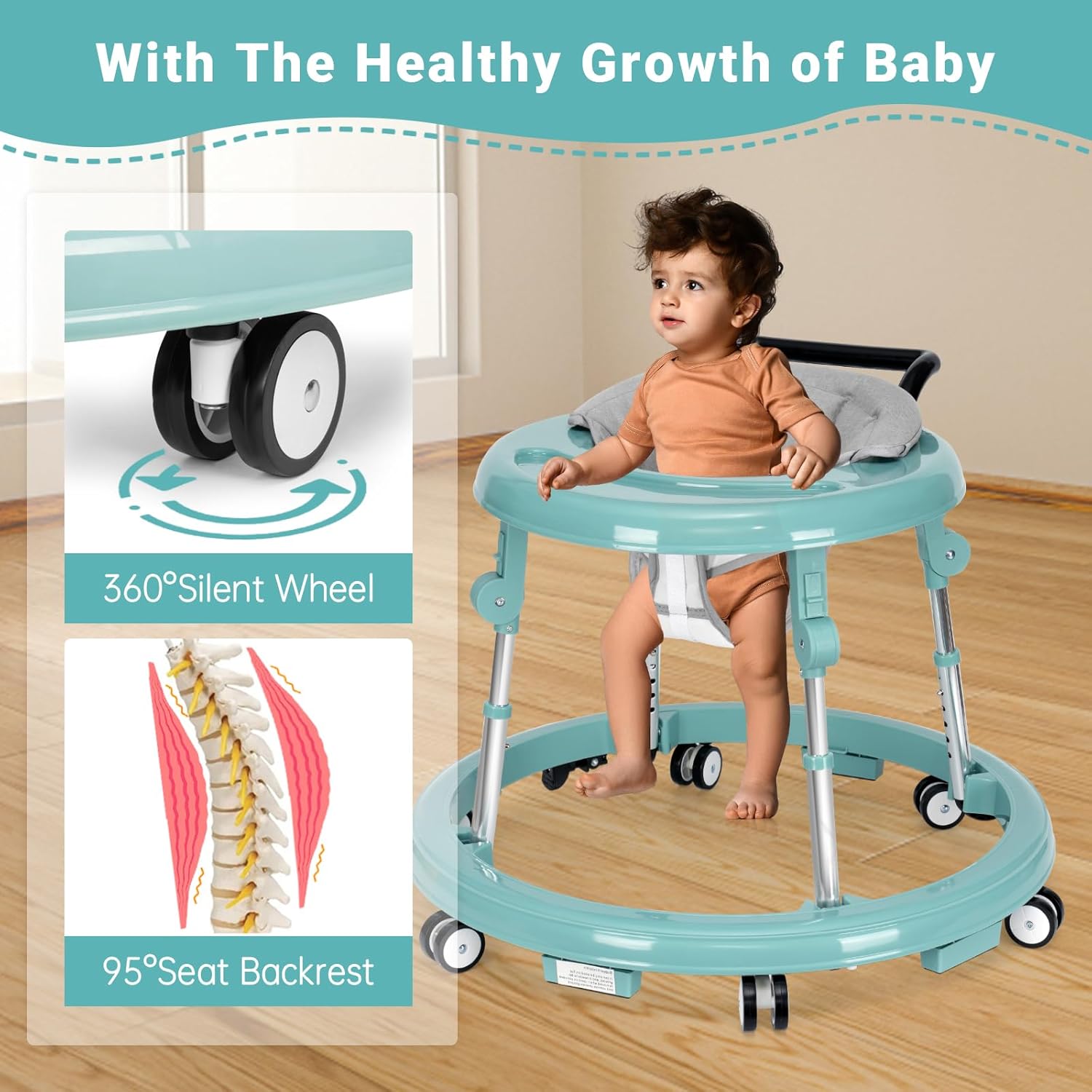 Andador para bebés plegable con 9 alturas ajustables — Para bebés de 6 a 12 meses — Con ruedas, portátil y antivuelco — Diseño rodante y portátil