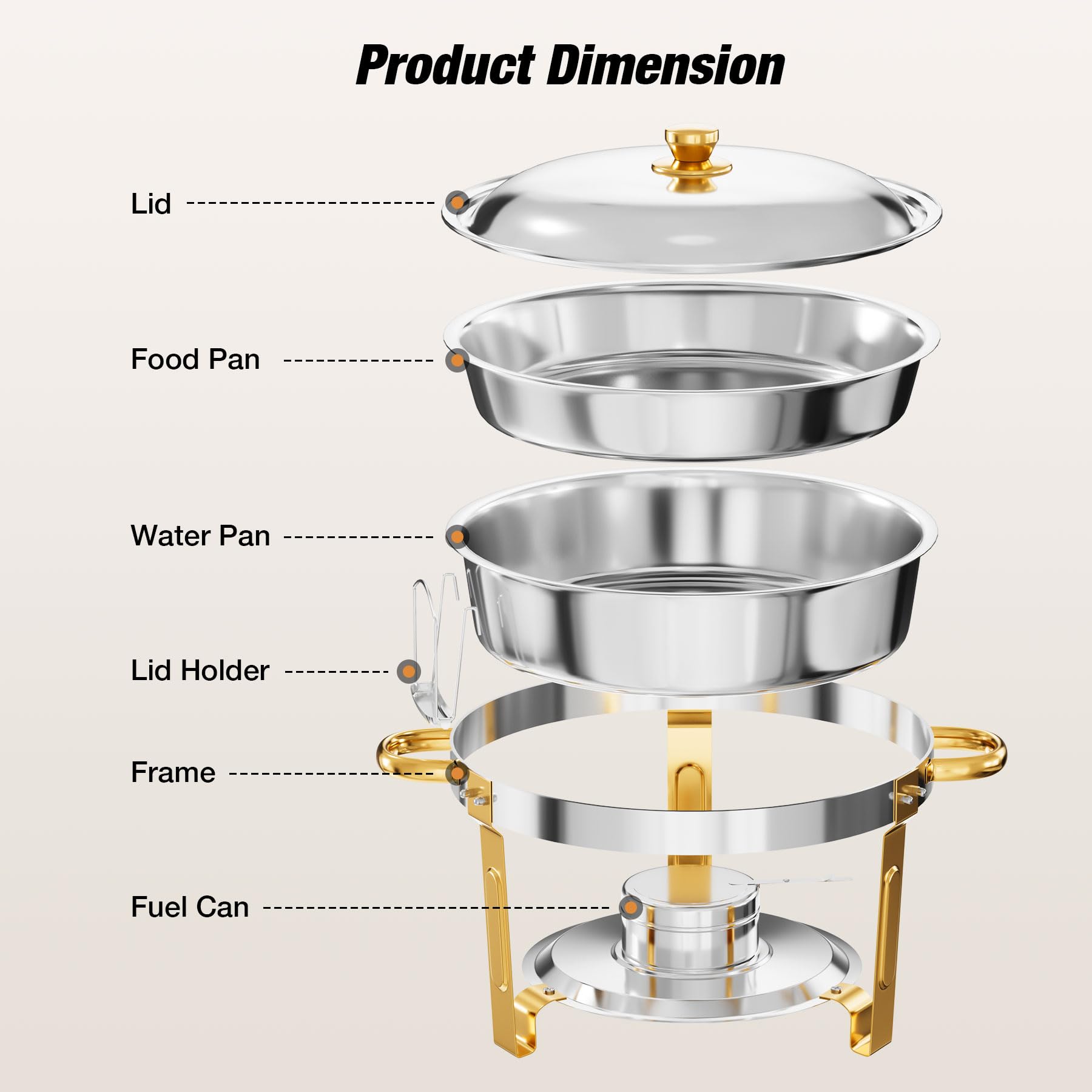 Calentadores de buffet dorados de 5 cuartos con tapa de vidrio o de acero inoxidable — Juego de calentadores redondos y chafing dishes con acabado de acero inoxidable pulido a espejo, borde enrollado, apilables y con soporte para tapas — Ideales para fies