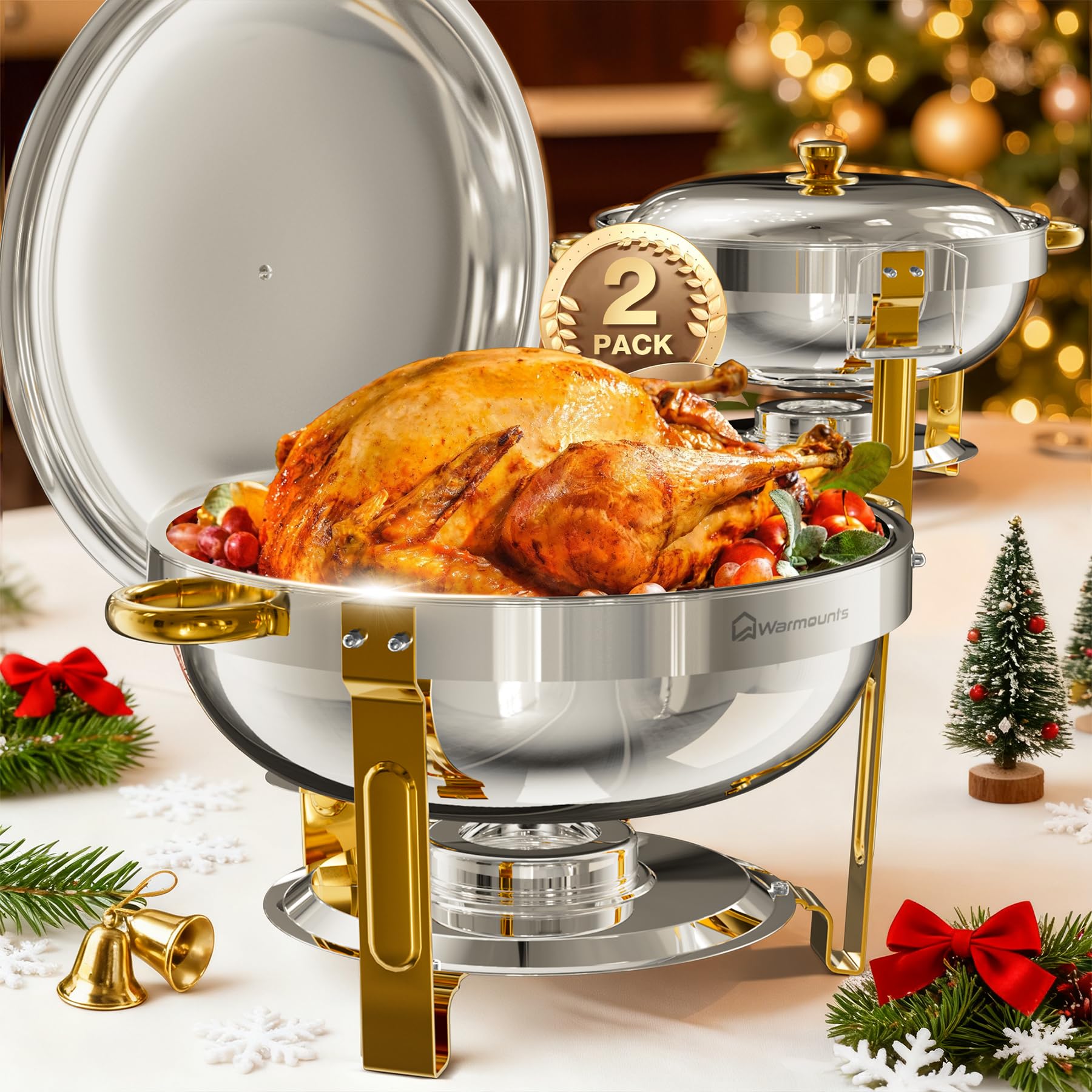 Calentadores de buffet dorados de 5 cuartos con tapa de vidrio o de acero inoxidable — Juego de calentadores redondos y chafing dishes con acabado de acero inoxidable pulido a espejo, borde enrollado, apilables y con soporte para tapas — Ideales para fies