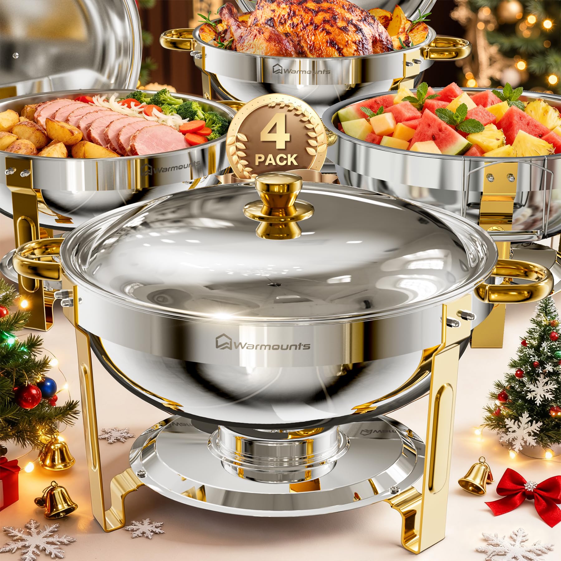 Calentadores de buffet dorados de 5 cuartos con tapa de vidrio o de acero inoxidable — Juego de calentadores redondos y chafing dishes con acabado de acero inoxidable pulido a espejo, borde enrollado, apilables y con soporte para tapas — Ideales para fies