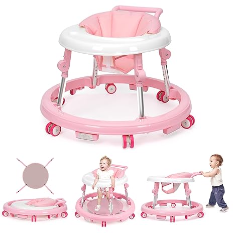 Andador para bebés plegable con 9 alturas ajustables — Para bebés de 6 a 12 meses — Con ruedas, portátil y antivuelco — Diseño rodante y portátil