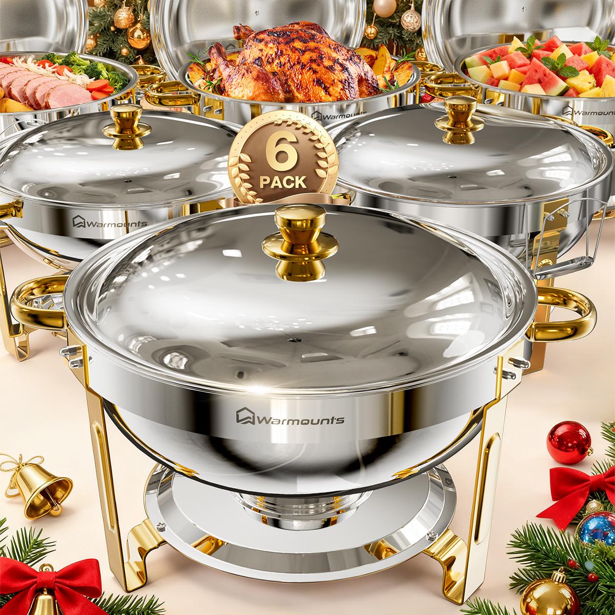 Calentadores de buffet dorados de 5 cuartos con tapa de vidrio o de acero inoxidable — Juego de calentadores redondos y chafing dishes con acabado de acero inoxidable pulido a espejo, borde enrollado, apilables y con soporte para tapas — Ideales para fies
