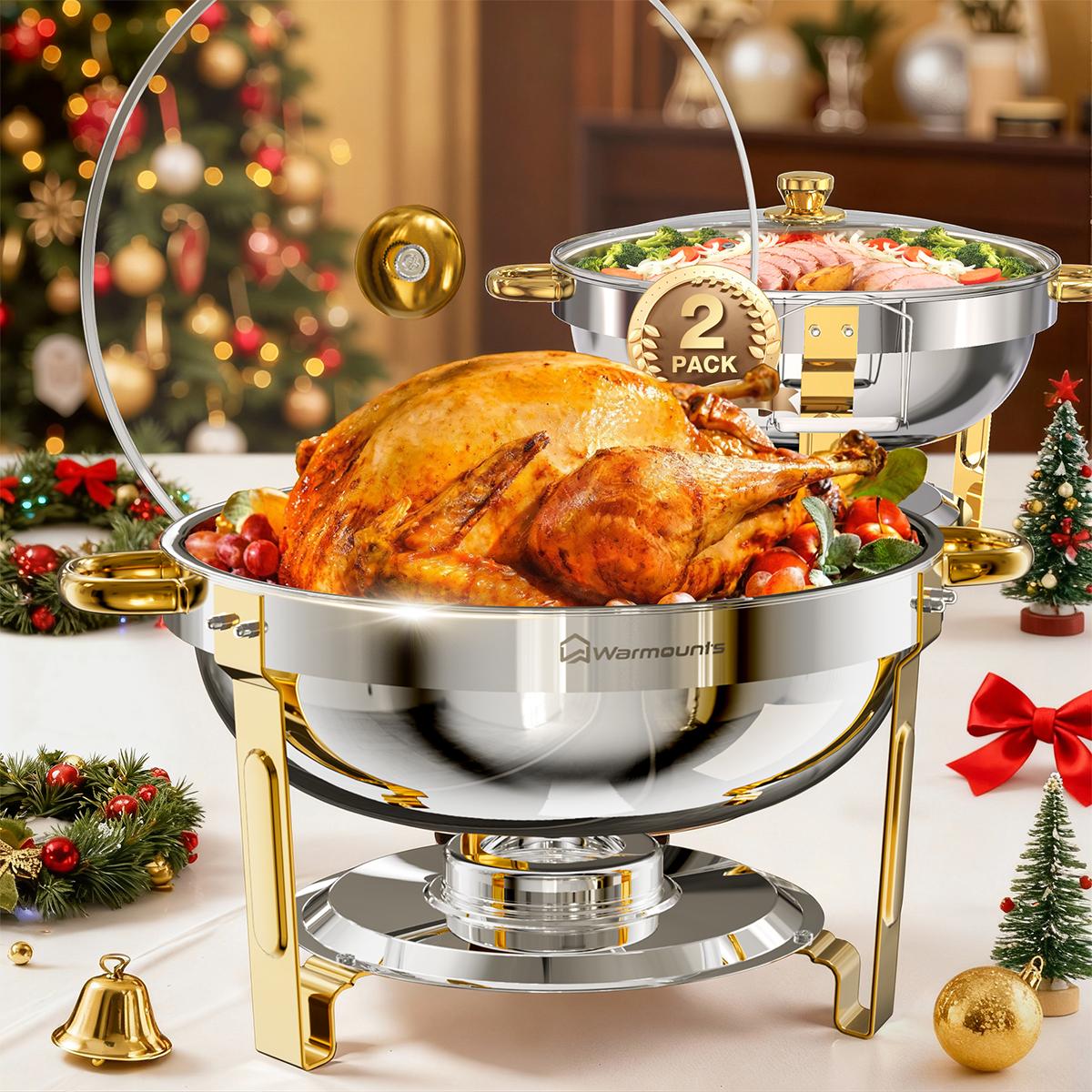 Calentadores de buffet dorados de 5 cuartos con tapa de vidrio o de acero inoxidable — Juego de calentadores redondos y chafing dishes con acabado de acero inoxidable pulido a espejo, borde enrollado, apilables y con soporte para tapas — Ideales para fies