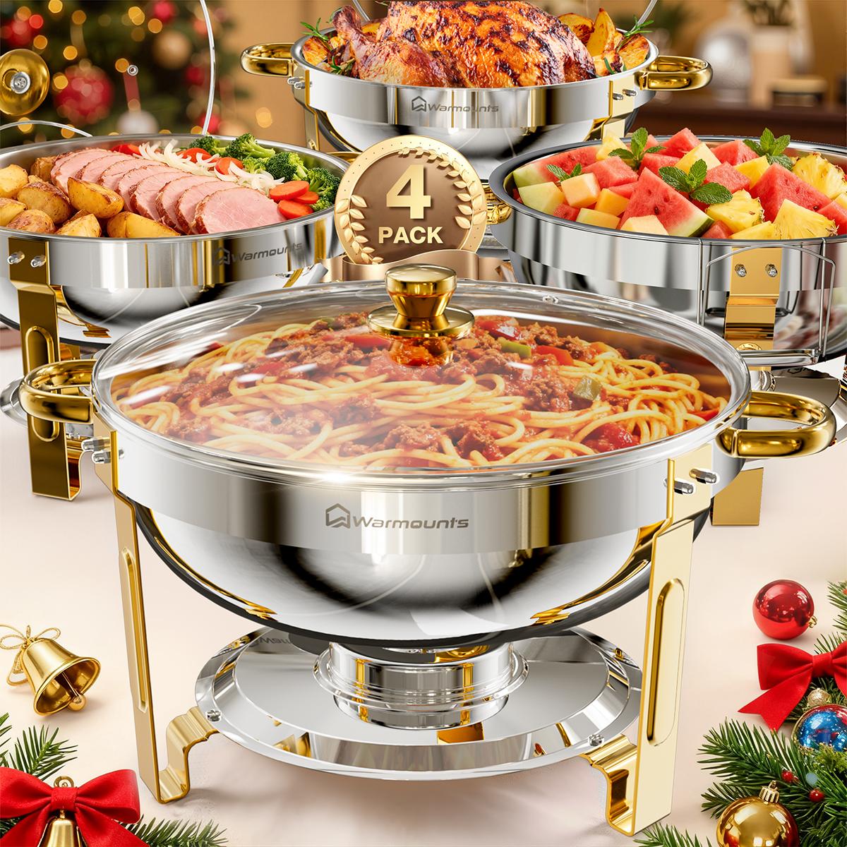 Calentadores de buffet dorados de 5 cuartos con tapa de vidrio o de acero inoxidable — Juego de calentadores redondos y chafing dishes con acabado de acero inoxidable pulido a espejo, borde enrollado, apilables y con soporte para tapas — Ideales para fies