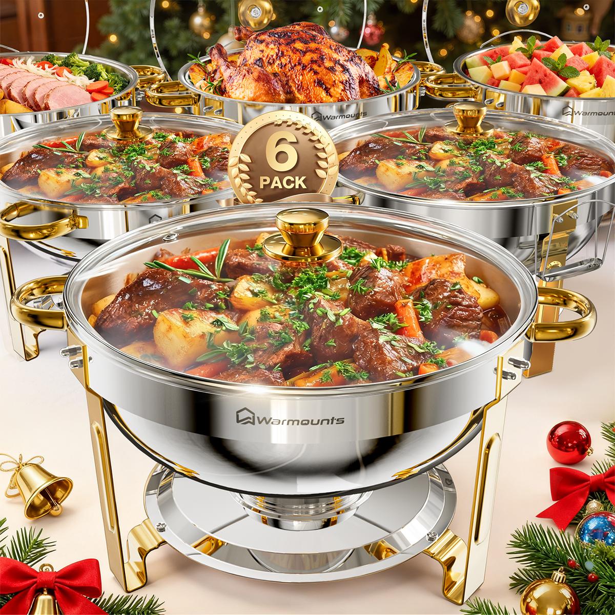 Calentadores de buffet dorados de 5 cuartos con tapa de vidrio o de acero inoxidable — Juego de calentadores redondos y chafing dishes con acabado de acero inoxidable pulido a espejo, borde enrollado, apilables y con soporte para tapas — Ideales para fies