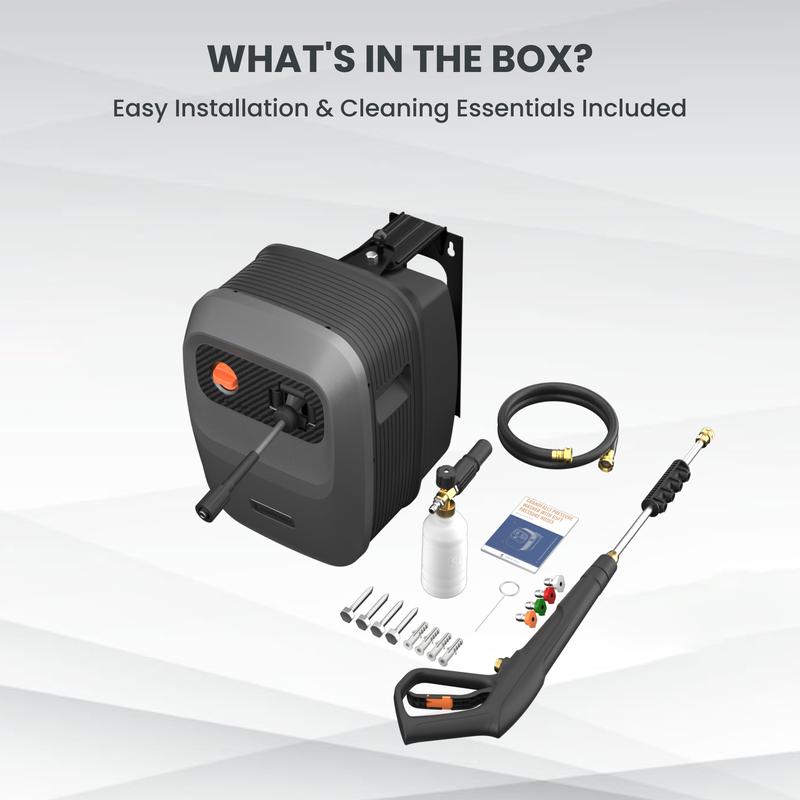 Hidrolavadora G20 Pro de 2400 PSI y 2.0 GPM con carrete de manguera de 65 pies, 4 boquillas y soporte giratorio de 180° para patios y más.