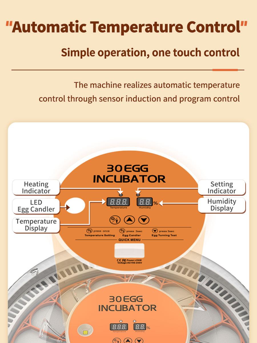 30 Egg Incubator with Automatic Turner, Digital Temperature and Humidity Display, and Built-in Egg Candler for Hatching Chickens, Quail, and Ducks
