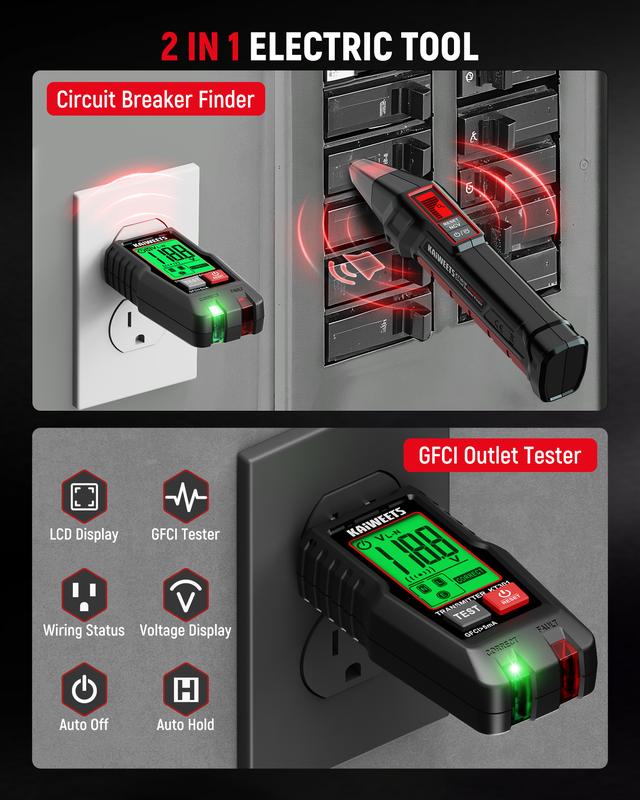Herramienta para localizar disyuntores de CA con pantalla LCD de alerta, juego de 2 piezas: probador eléctrico y probador de voltaje con transmisor y receptor, función NCV y linterna, probador de cables sin contacto y probador de tomacorrientes GFCI integ