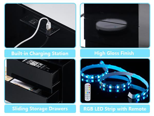 【Spotlight Day】[TWO TABLES IN ONE BOX]VanAcc High Gloss Nightstand Set of 2 with Charging Station, Modern Bedside Table with LED Lights by App and Remote  Control, Sofa End Side Tables with Drawers, Minimalist Night Stand for Bedroom, Living Room