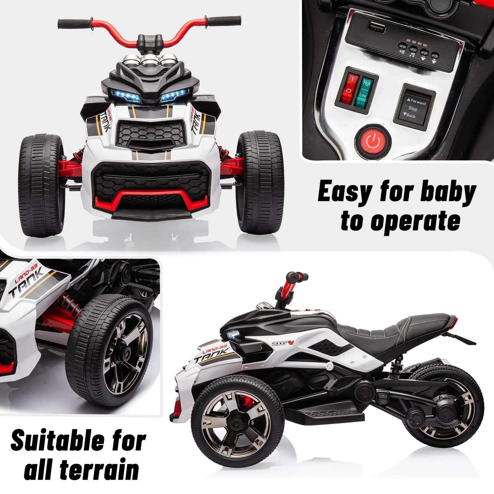 Vehículo montable tipo triciclo de 12 V para niños de 3 a 7 años, 2 motores de 55 W, batería de 7 Ah, velocidades de 3 a 7 km/h, 2 ajustes de velocidad.