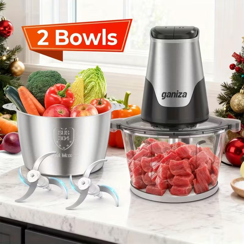 Procesador de alimentos con recipientes de vidrio de 8 tazas y recipiente de acero inoxidable de 8 tazas, picadora de alimentos de 2 velocidades, molinillo de carne, botón mejorado y luz de protección inteligente contra sobrecalentamiento. Incluye cepillo