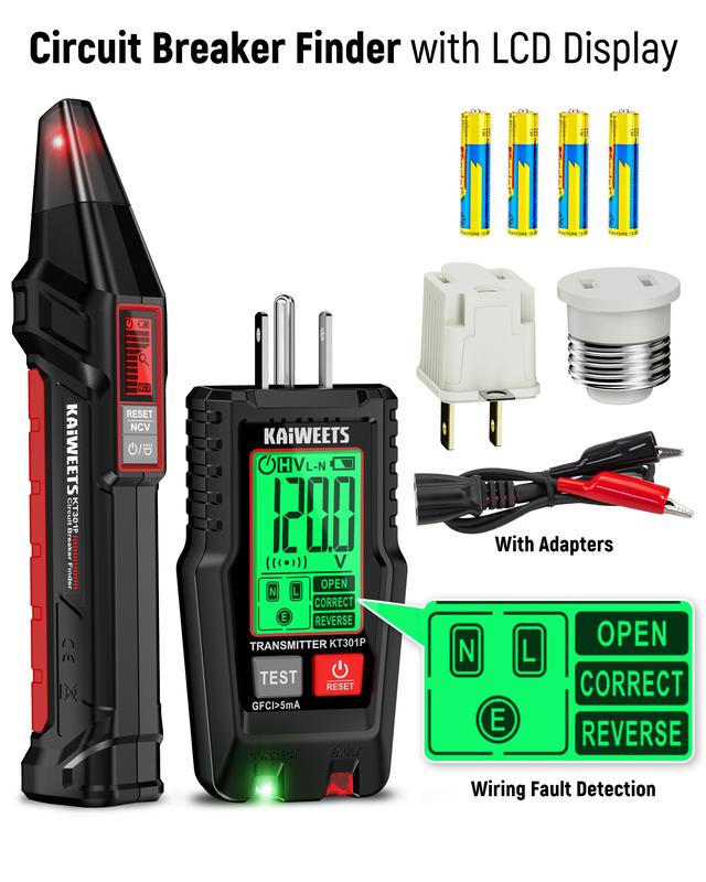 Herramienta para localizar disyuntores de CA con pantalla LCD de alerta, juego de 2 piezas: probador eléctrico y probador de voltaje con transmisor y receptor, función NCV y linterna, probador de cables sin contacto y probador de tomacorrientes GFCI integ