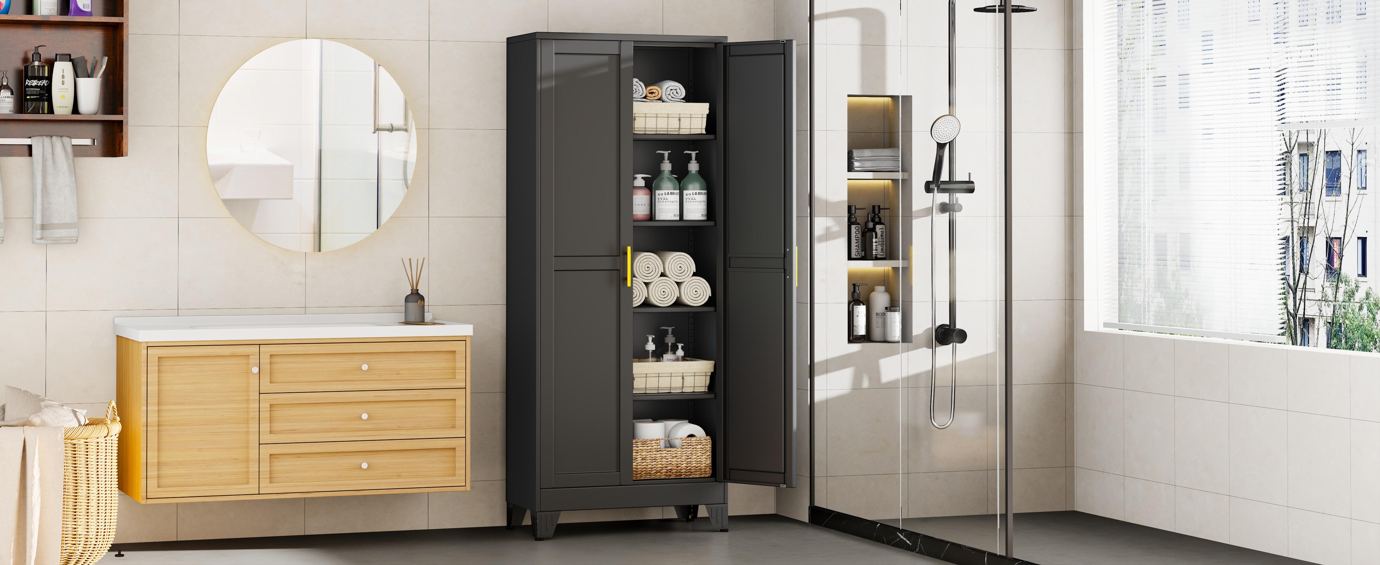 Metal Pantry Cabinet with 2 Doors and Adjustable Shelves Available in four sizes: 47"61" 71" 75" Kitchen Storage Cabinet with Gold Handles - Versatile Storage for Kitchen, Bathroom, Dining Room, Utility Room