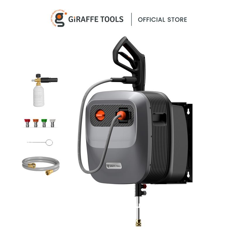 Hidrolavadora G20 Pro de 2400 PSI y 2.0 GPM con carrete de manguera de 65 pies, 4 boquillas y soporte giratorio de 180° para patios y más.
