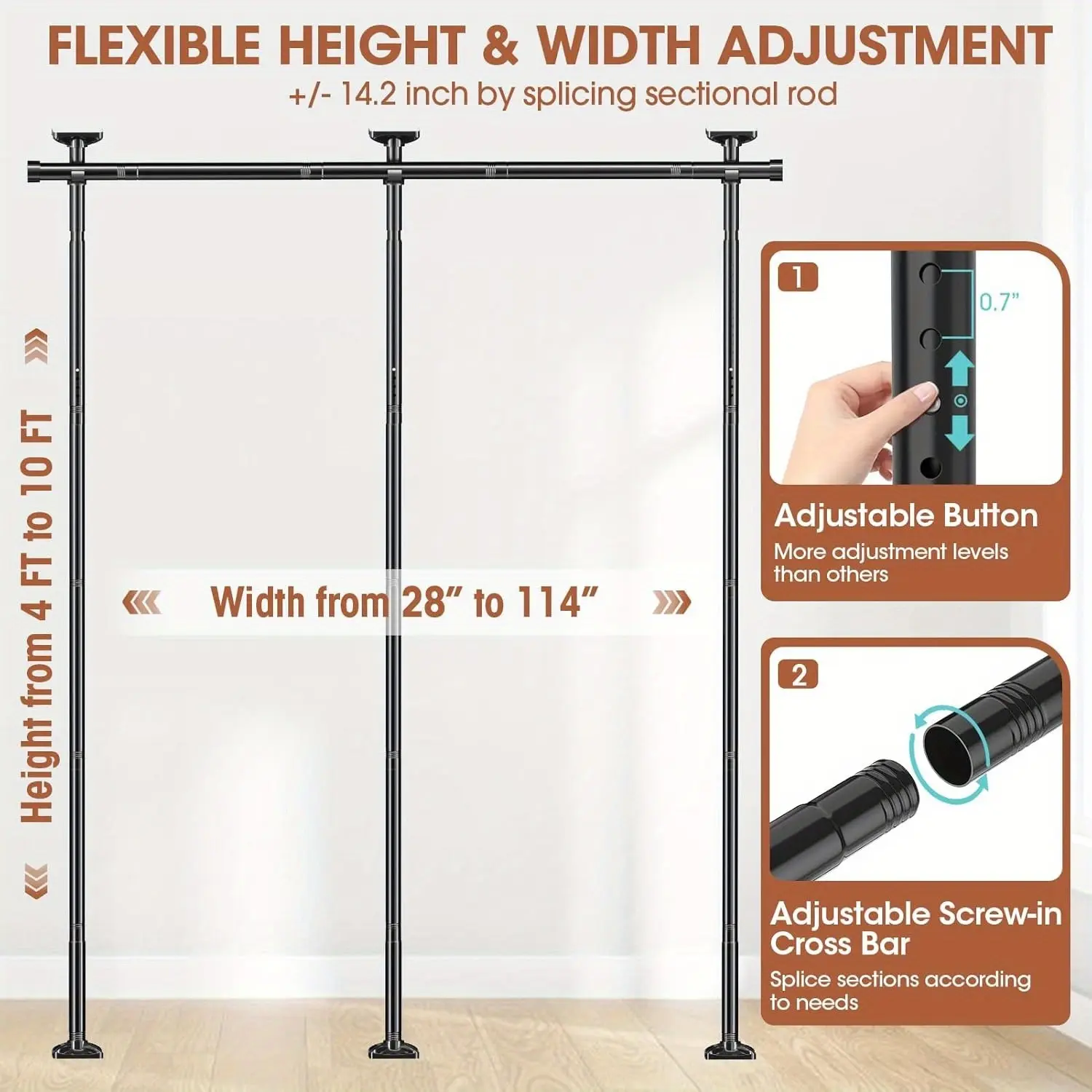Barra ajustable para cortina divisoria de ambientes — Estructura de tensión para separar dormitorios (sin taladros) — Divisor de espacios independiente para separar habitaciones — Altura: 1,2–3 m (4–10 pies) — Ancho: 71–290 cm (28–114 pulgadas)