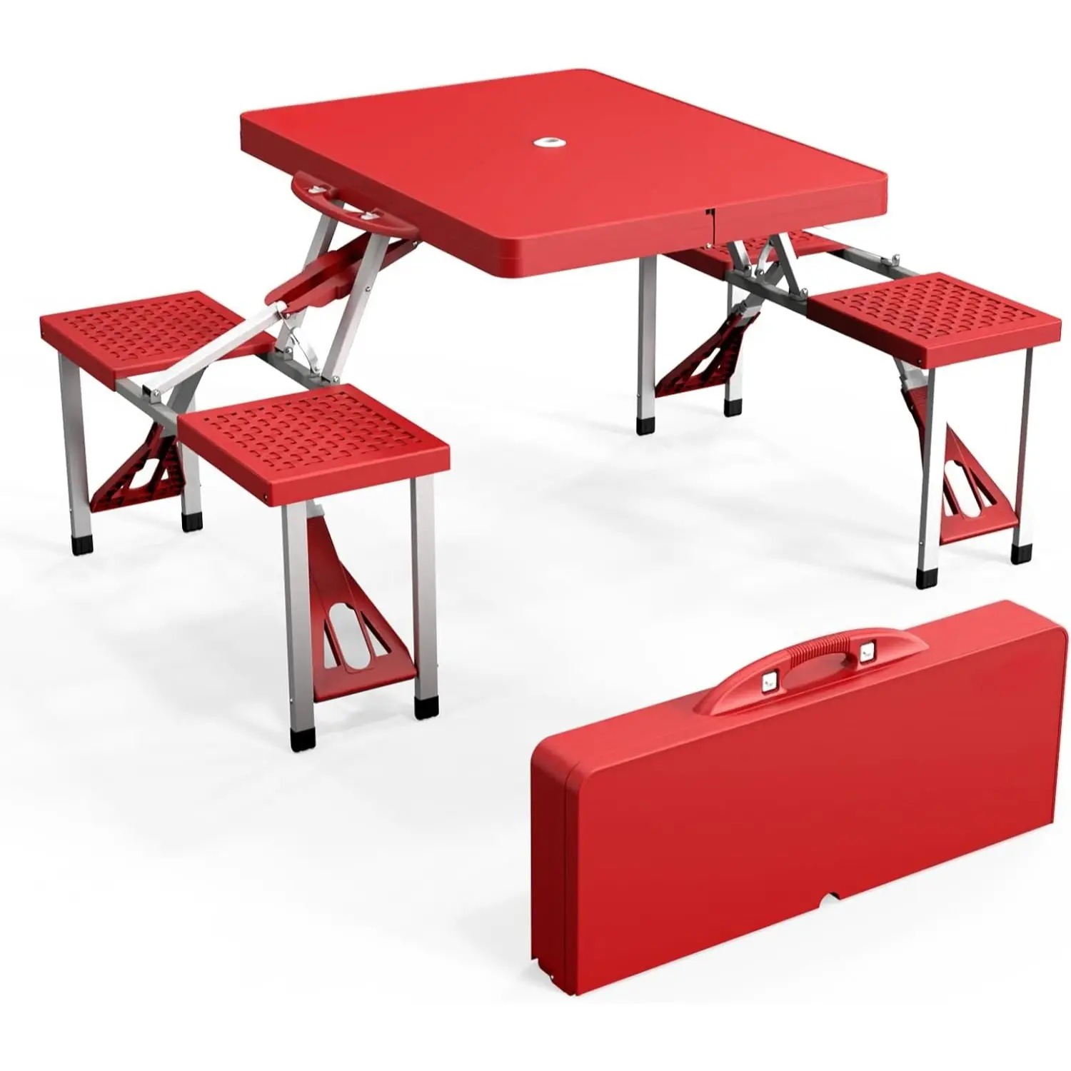Mesa de picnic plegable portátil de 4 pies, mesa de camping, juego plegable con 4 asientos con orificio para sombrilla, mesa de tarjeta para maleta, soporte de 220 libras, marco de aluminio.
