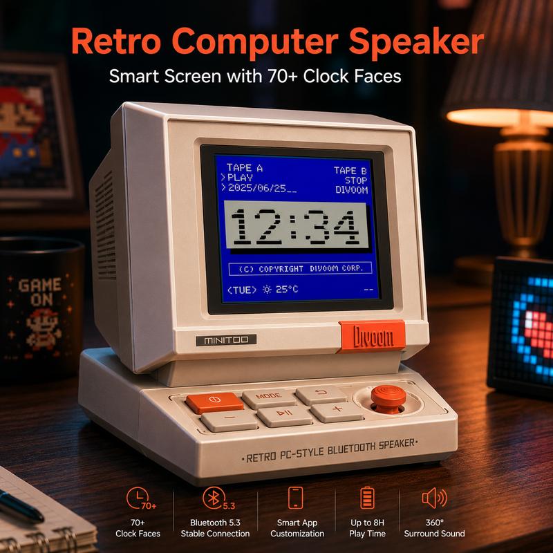 Altavoz Bluetooth Retro Pixel – Diseño inspirado en los años 90, control por aplicación, alarma, ruido blanco, altavoz portátil de escritorio retro para música, decoración de sala de juegos.