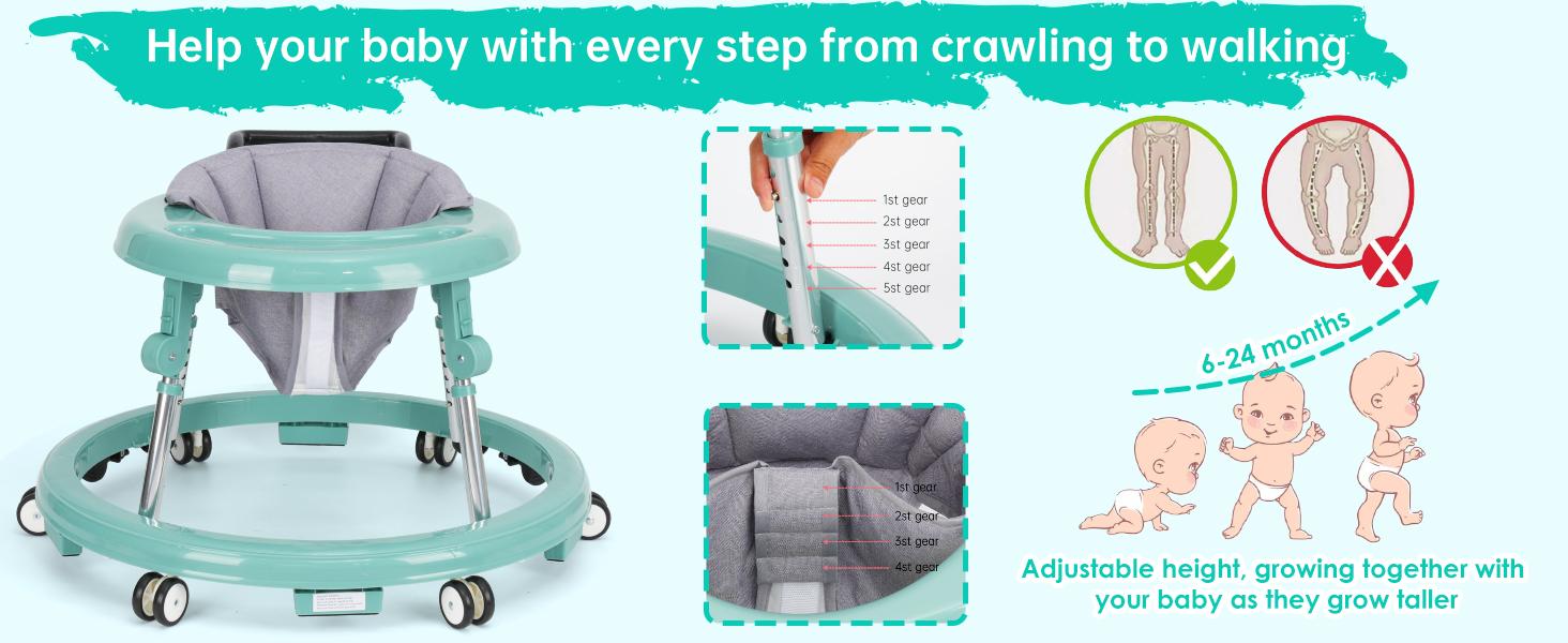 【mothersdaygift】Baby Walker Foldable with 9 Adjustable Heights, 6-12 Months  Baby Walkers, with Wheels Portable Anti-Rollover, Rolling portable design,Valentine's Day gifts