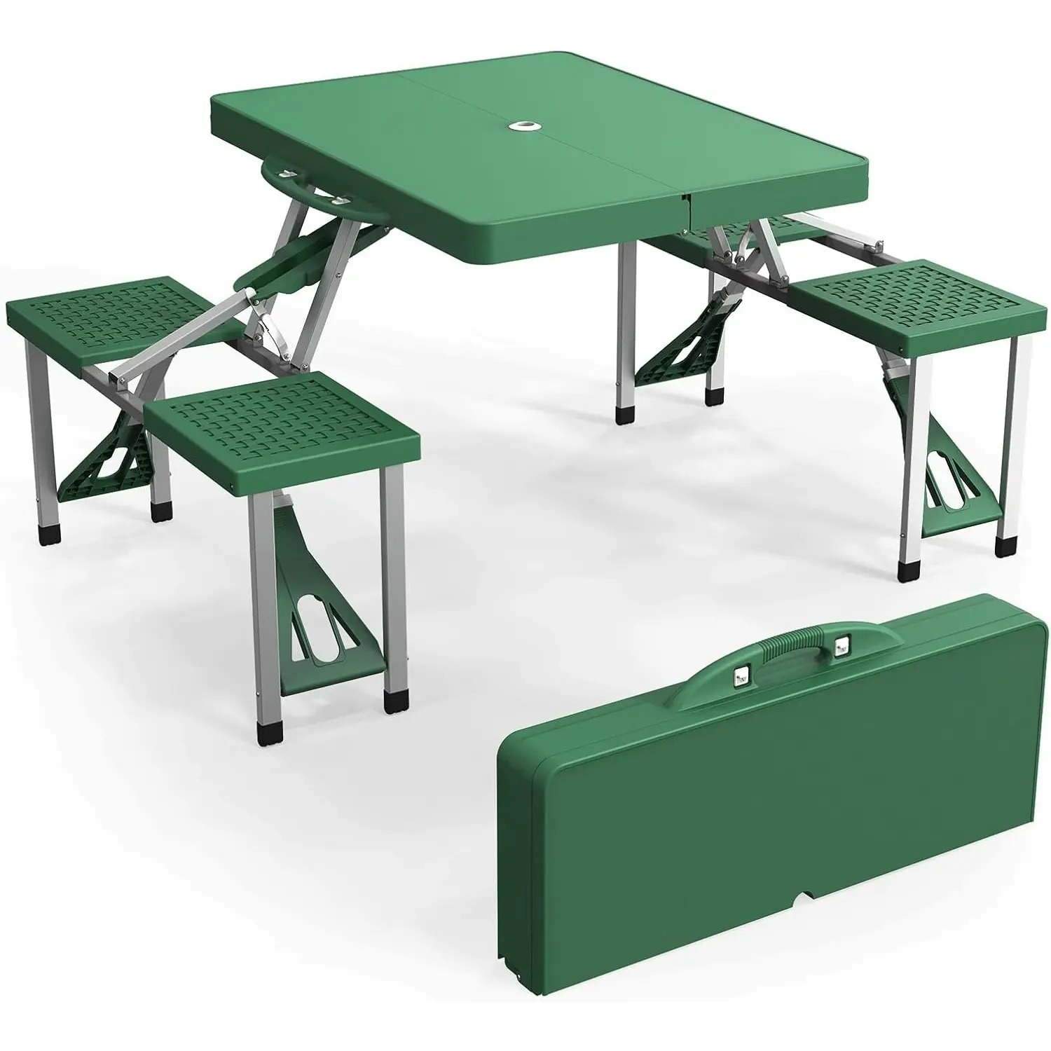 Mesa de picnic plegable portátil de 4 pies, mesa de camping, juego plegable con 4 asientos con orificio para sombrilla, mesa de tarjeta para maleta, soporte de 220 libras, marco de aluminio.