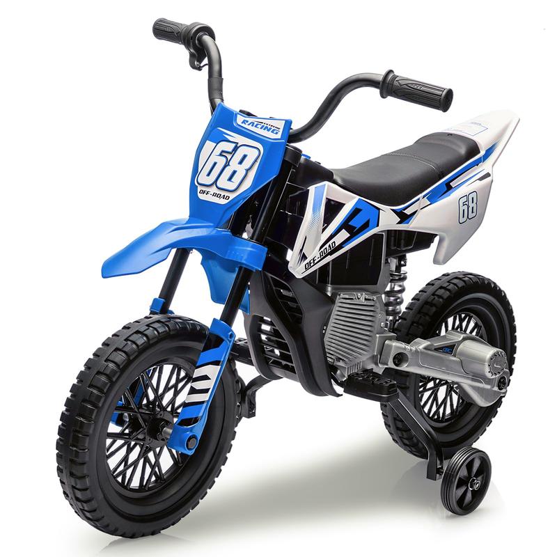 Moto de cross eléctrica de 12 V para jóvenes pilotos, con dos motores de 25 W, acelerador de puño, suspensión de muelles y ruedines de entrenamiento. Disponible en cuatro colores. El juguete ideal para divertirse al aire libre.