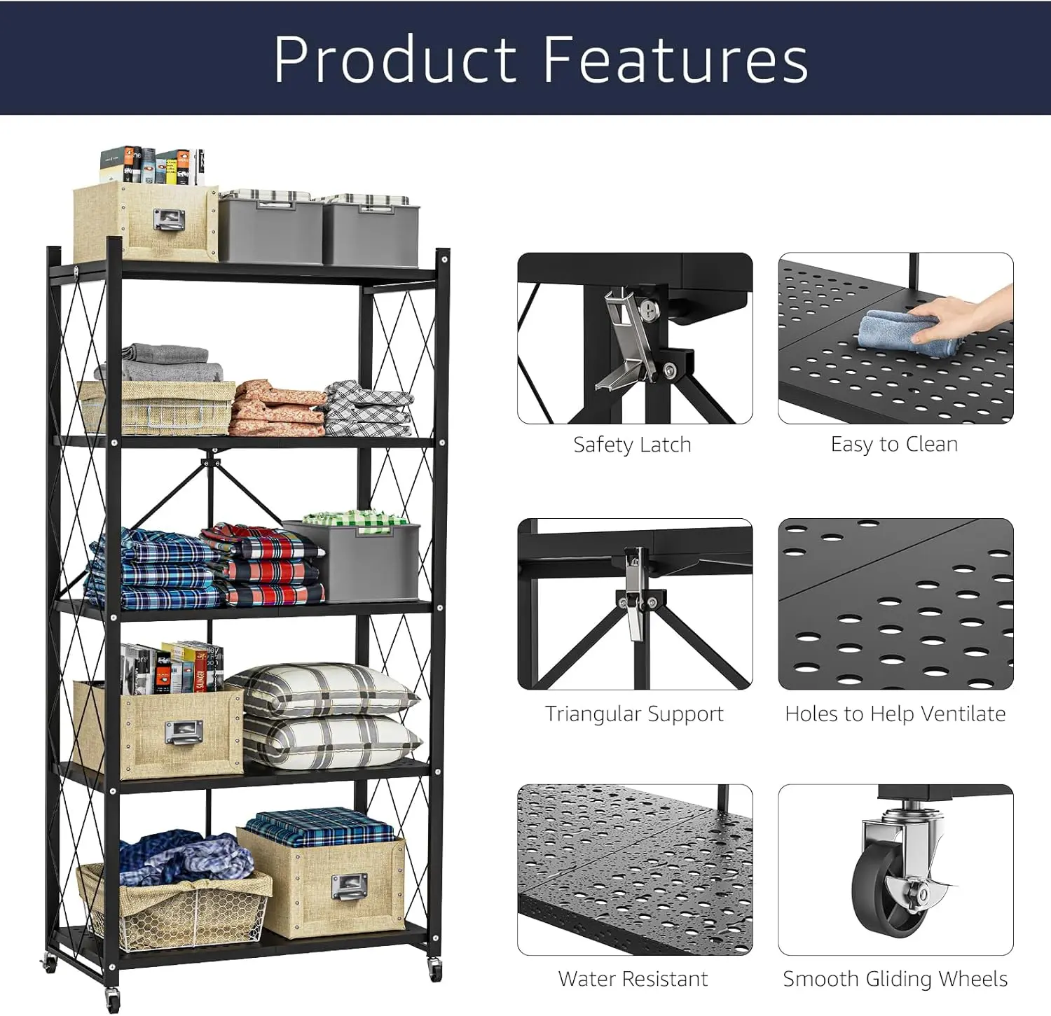 Estantería de almacenamiento metálica plegable — Expositor de estantes abatible, ligero e impermeable, color negro, ahorra espacio, duradero y versátil para cocina y despensa, moderno organizador de calzado, movilidad de 360 ​​grados, capacidad de 90 libr