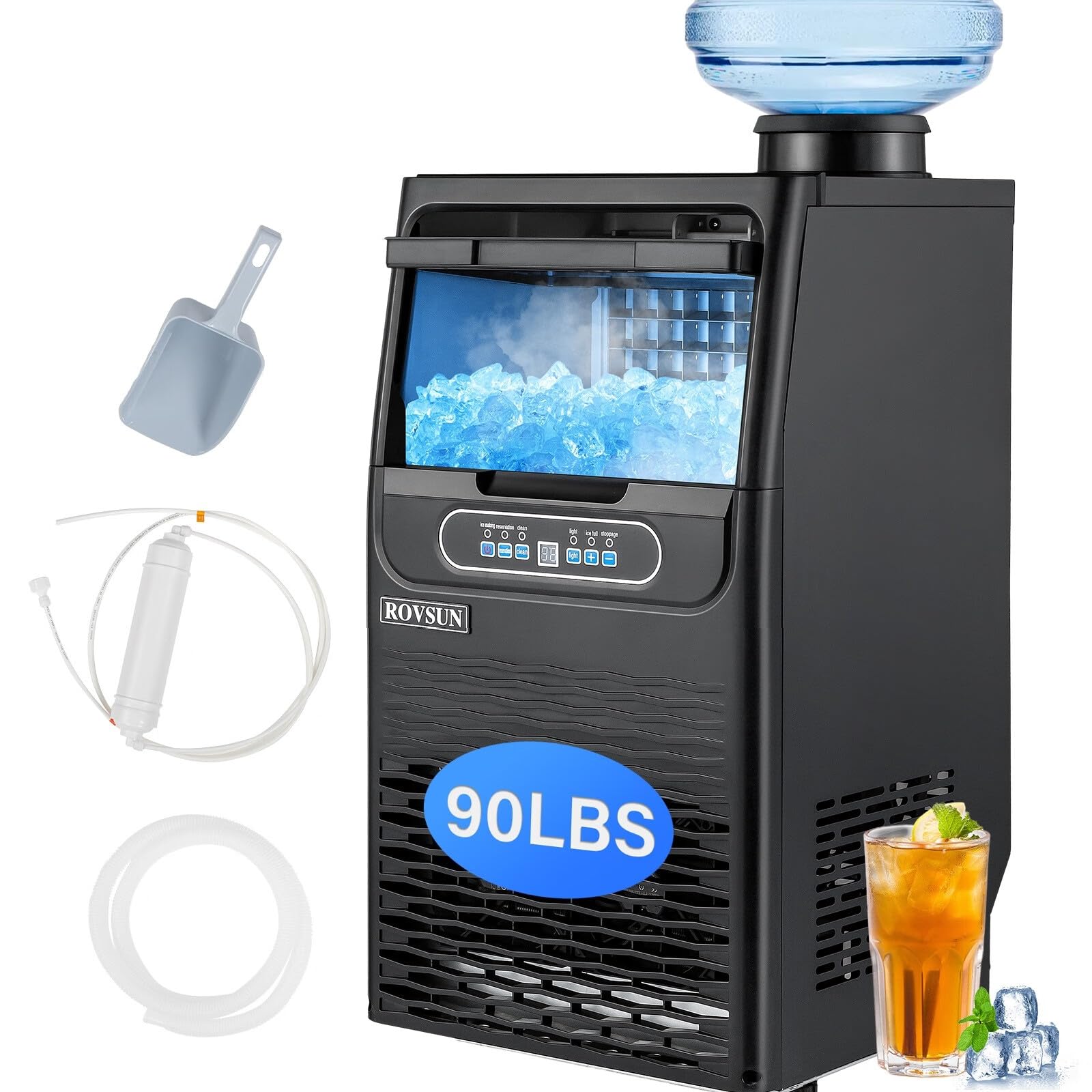 ROVSUN 90LBS/24H Countertop Ice Maker with 2 Water Inlets & Appointment Function, Freestanding Ice Machine with 11lbs Storage Bin, Ice Scoop, Drain Pipe & Water Inlet with Filter ROVSUN 90LBS/24H Countertop Ice Maker with 2 Water Inlets & Appointment Function, Freestanding Ice Machine with 11lbs Storage Bin, Ice Scoop, Drain Pipe & Water Inlet with Filter