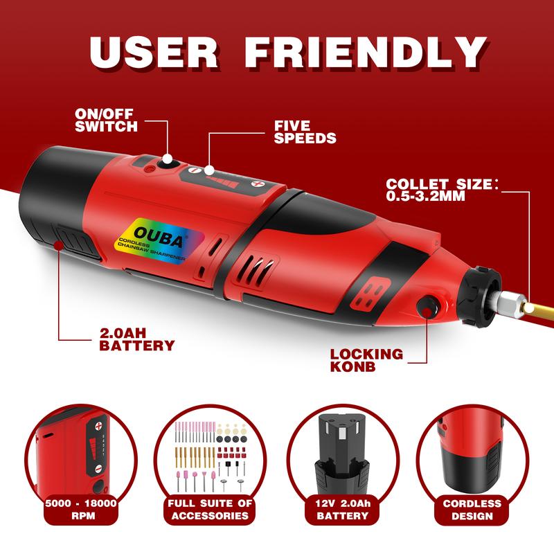 Kit de herramientas rotativas inalámbricas de 12 V con potente motor magnético, 5 velocidades, 18000 RPM, 54 accesorios para lijar, pulir, afilar motosierras, tallar, cortar, manualidades, brocas y para impresoras 3D.