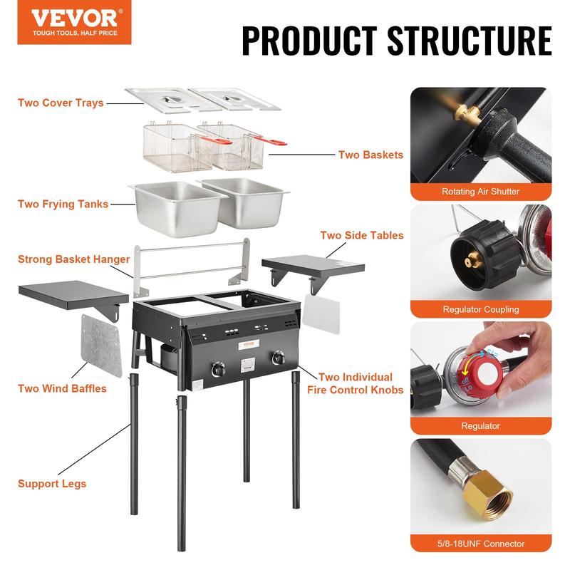 【Summervibes】Freidora de propano para exteriores, freidora comercial de doble quemador, cocina de acero inoxidable de 16 cuartos con cestas, tapas y tanques extraíbles, carrito freidora con termómetro y regulador, para cocinar al aire libre.