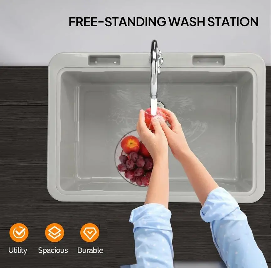 Lavadero multiusos de 24" (prof.) x 40" (ancho) x 36" (alto) con grifo y estante; lavabo utilitario de plástico y metal con patas, ideal para lavaderos y garajes; incluye escurridor y estante de almacenamiento móvil.
