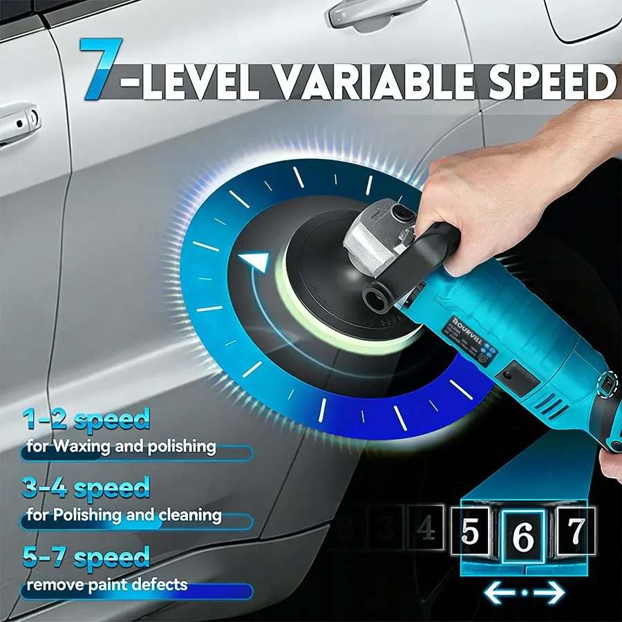 Pulidora y Enceradora Rotativa de 1600 W y 7 Pulgadas — 7 Velocidades Variables (500-3300 RPM) — Mango Desmontable — Kit de Herramientas de Uso Rudo para Lijado, Pulido y Encerado de Automóviles y Embarcaciones (Incluye Maletín)