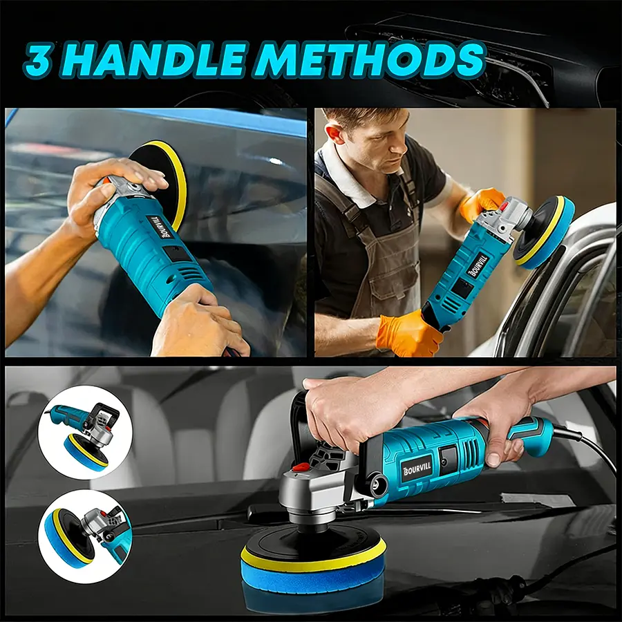Pulidora y Enceradora Rotativa de 1600 W y 7 Pulgadas — 7 Velocidades Variables (500-3300 RPM) — Mango Desmontable — Kit de Herramientas de Uso Rudo para Lijado, Pulido y Encerado de Automóviles y Embarcaciones (Incluye Maletín)