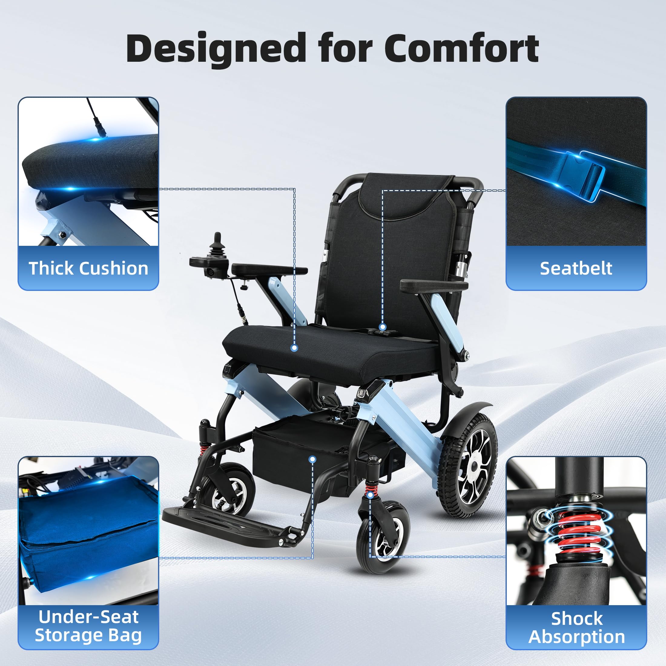 Silla de ruedas eléctrica para adultos, estructura de aluminio plegable y ligera, doble motor de 24 V, batería de litio de largo alcance, capacidad de 300 libras.