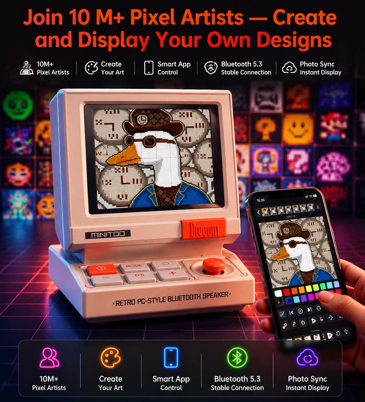 Altavoz Bluetooth Retro Pixel – Diseño inspirado en los años 90, control por aplicación, alarma, ruido blanco, altavoz portátil de escritorio retro para música, decoración de sala de juegos.