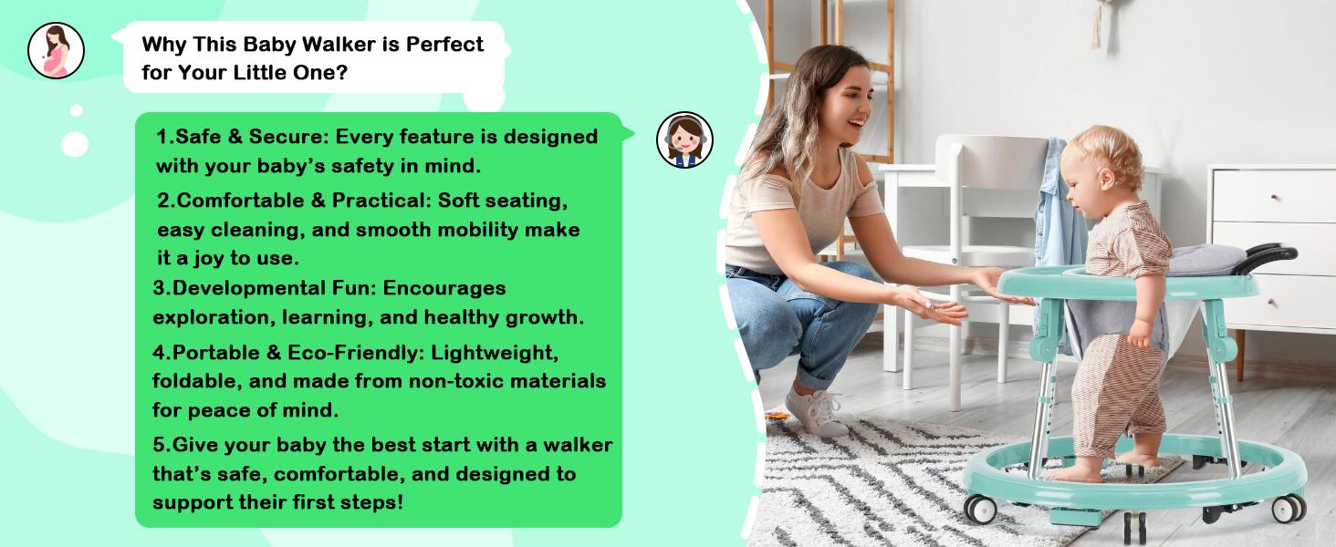 【mothersdaygift】Baby Walker Foldable with 9 Adjustable Heights, 6-12 Months  Baby Walkers, with Wheels Portable Anti-Rollover, Rolling portable design,Valentine's Day gifts