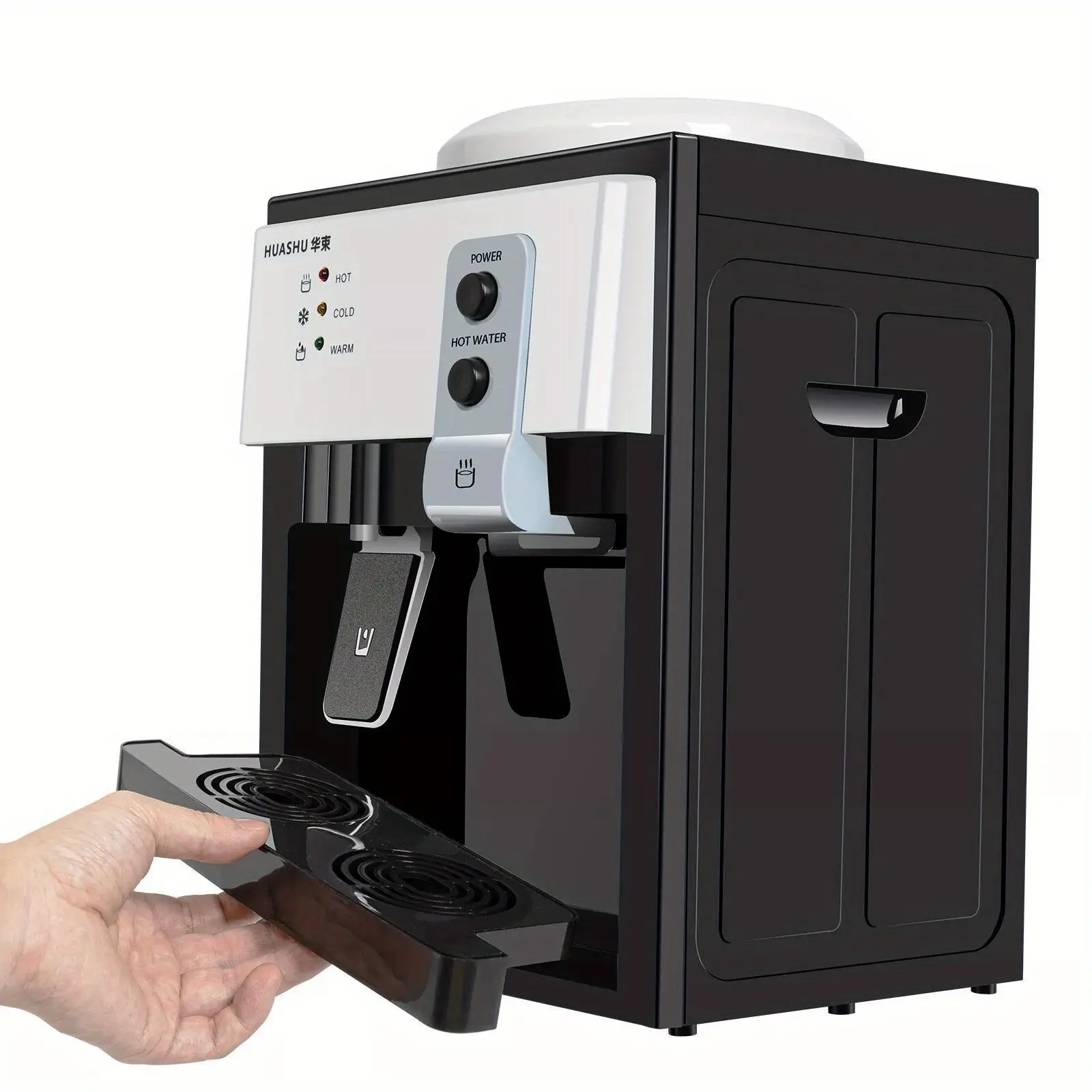 Dispensador eléctrico de agua fría y caliente, modelo de carga superior para sobremesa, con control automático de temperatura, ideal para escritorios de oficina, mesitas de noche o mesas auxiliares.