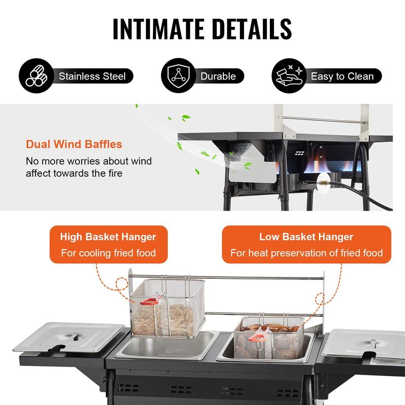 【Summervibes】Freidora de propano para exteriores, freidora comercial de doble quemador, cocina de acero inoxidable de 16 cuartos con cestas, tapas y tanques extraíbles, carrito freidora con termómetro y regulador, para cocinar al aire libre.