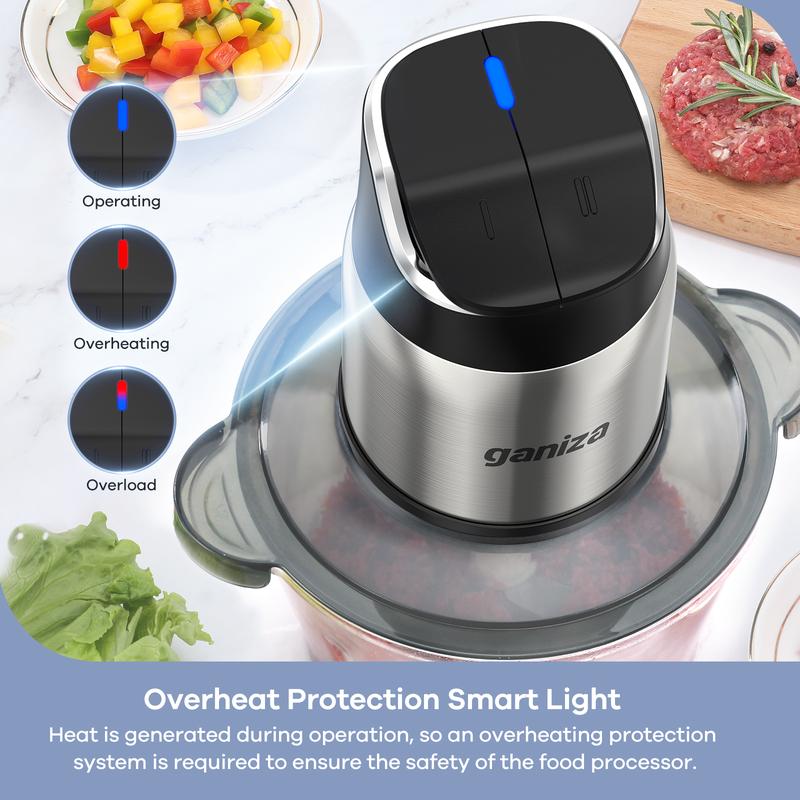 Procesador de alimentos con recipientes de vidrio de 8 tazas y recipiente de acero inoxidable de 8 tazas, picadora de alimentos de 2 velocidades, molinillo de carne, botón mejorado y luz de protección inteligente contra sobrecalentamiento. Incluye cepillo
