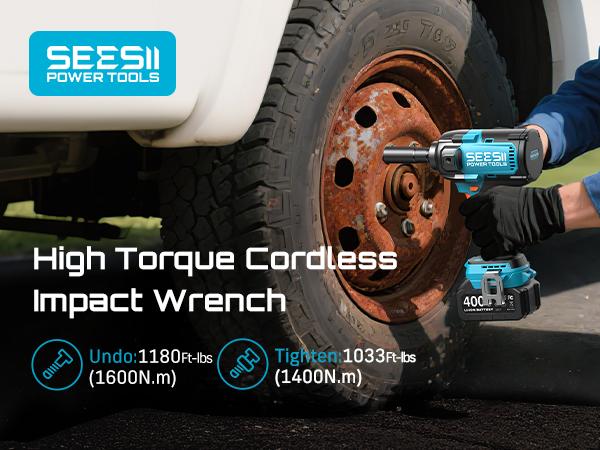 SEESII Upgraded Electric Impact Wrench Detachable Handle - 1180 Ft-lbs (1600 N&middot;m) 1/2" High-Torque, 21V Cordless + 2x 4.0Ah Batteries | for Car/Truck/Mower/Industrial Tasks,WH12 Ultra Pro