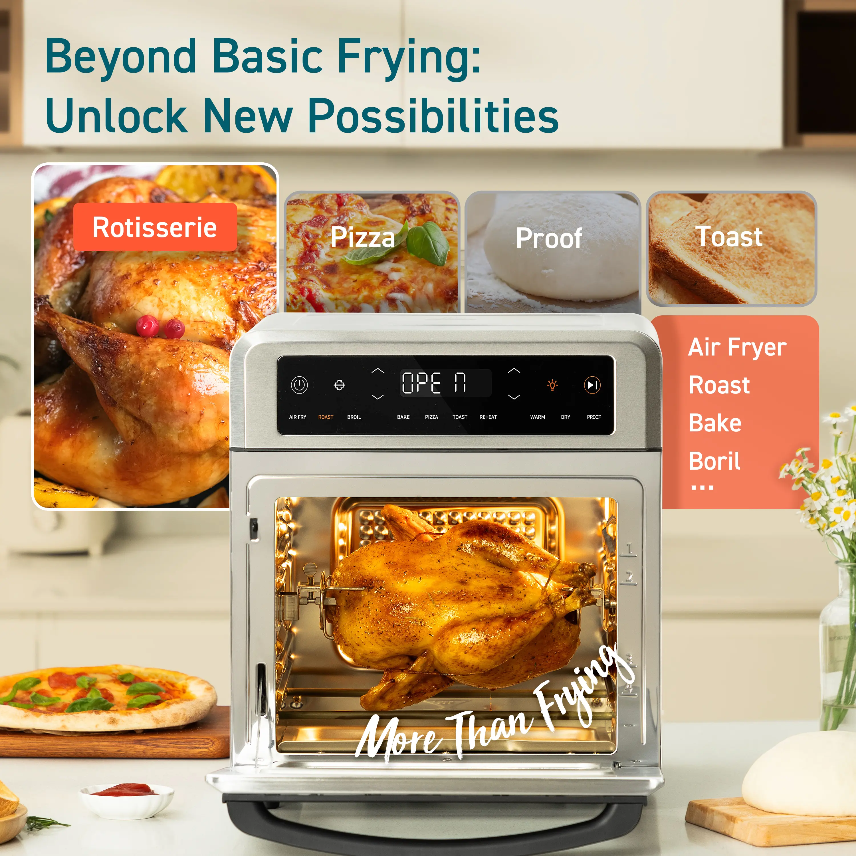 R121 Horno Freidora de Aire 11 en 1, combo compacto de 13 cuartos con funciones de asador giratorio, tostado, horneado, rostizado, recalentamiento y más; incluye recetario y 6 accesorios.