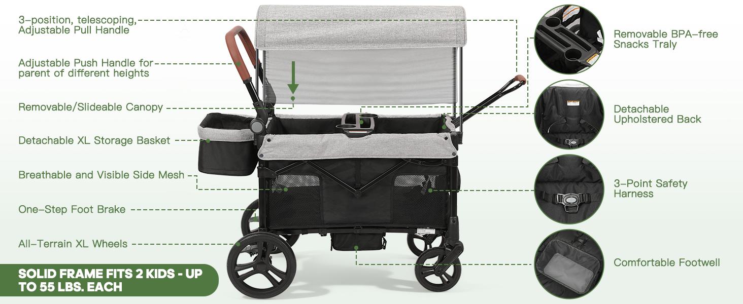 Dripex Stroller Wagon for 2 Kids, All-Terrain Foldable Kids Wagon Stroller with Removable Canopy, Mosquito Net, Snack Tray, Cup Holders & Storage Basket Dripex Stroller Wagon for 2 Kids, All-Terrain Foldable Kids Wagon Stroller with Removable Canopy, Mosquito Net, Snack Tray, Cup Holders & Storage Basket