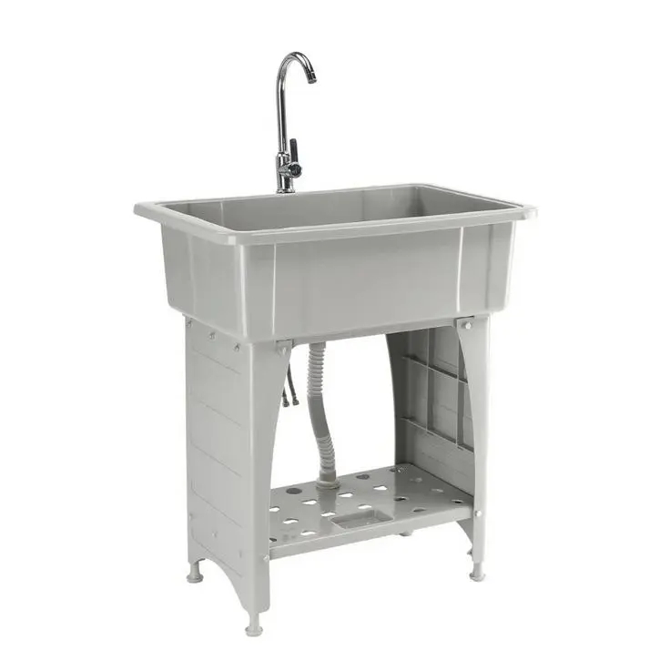 Lavadero multiusos de 24" (prof.) x 40" (ancho) x 36" (alto) con grifo y estante; lavabo utilitario de plástico y metal con patas, ideal para lavaderos y garajes; incluye escurridor y estante de almacenamiento móvil.