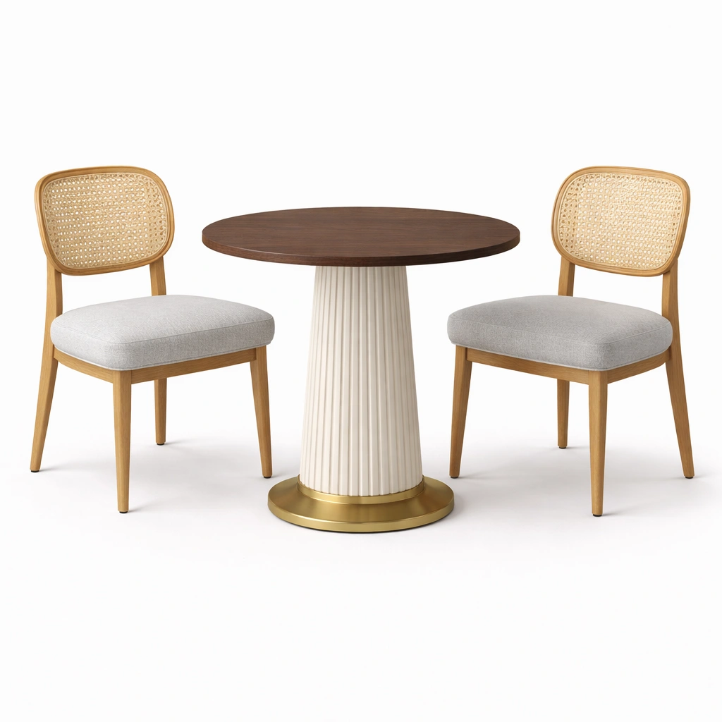 Ensemble table ronde design cannage noyer-nestavoa